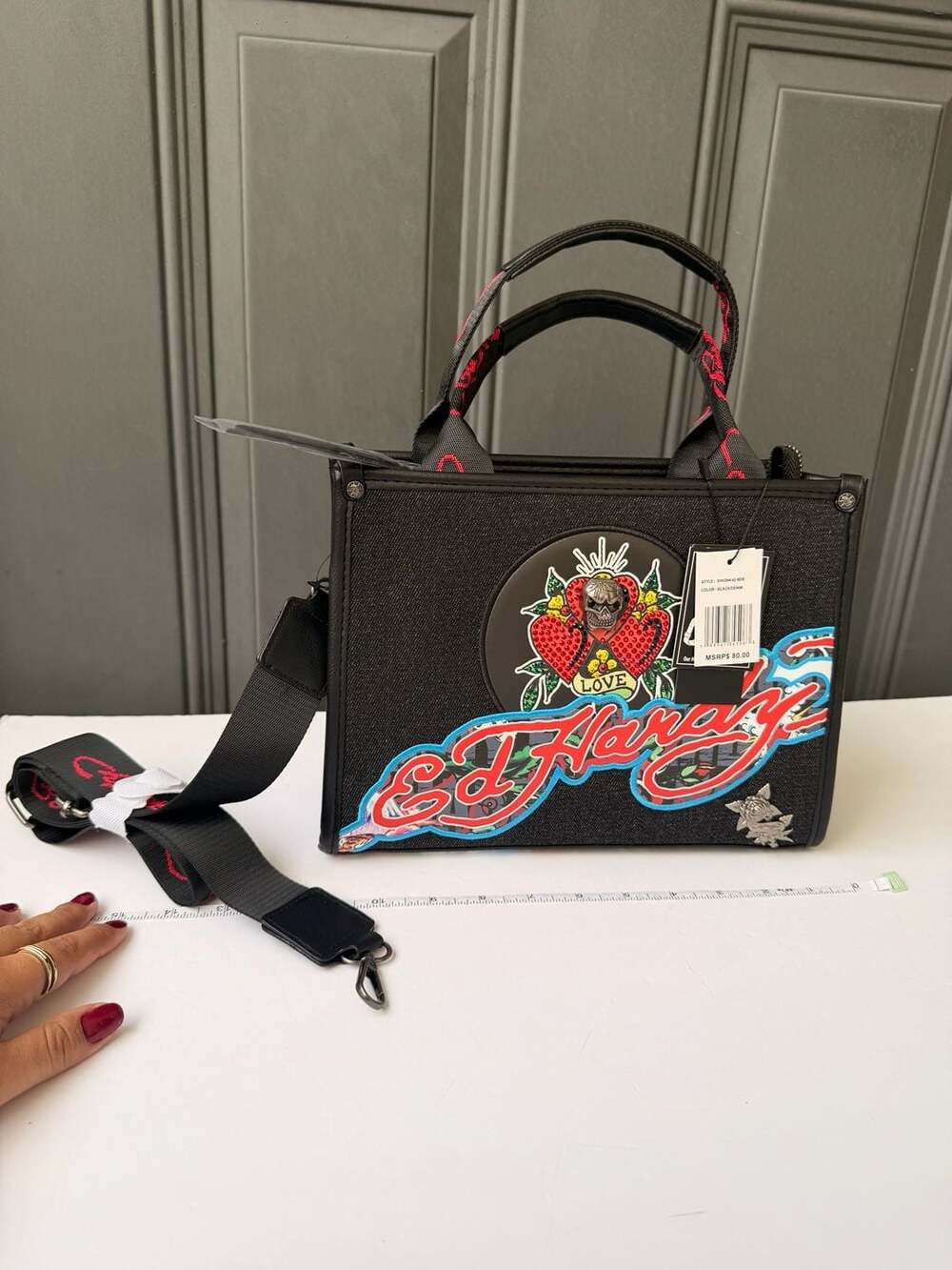 NWT Ed Hardy Mina Heart Denim Hand Bag Black/Denim